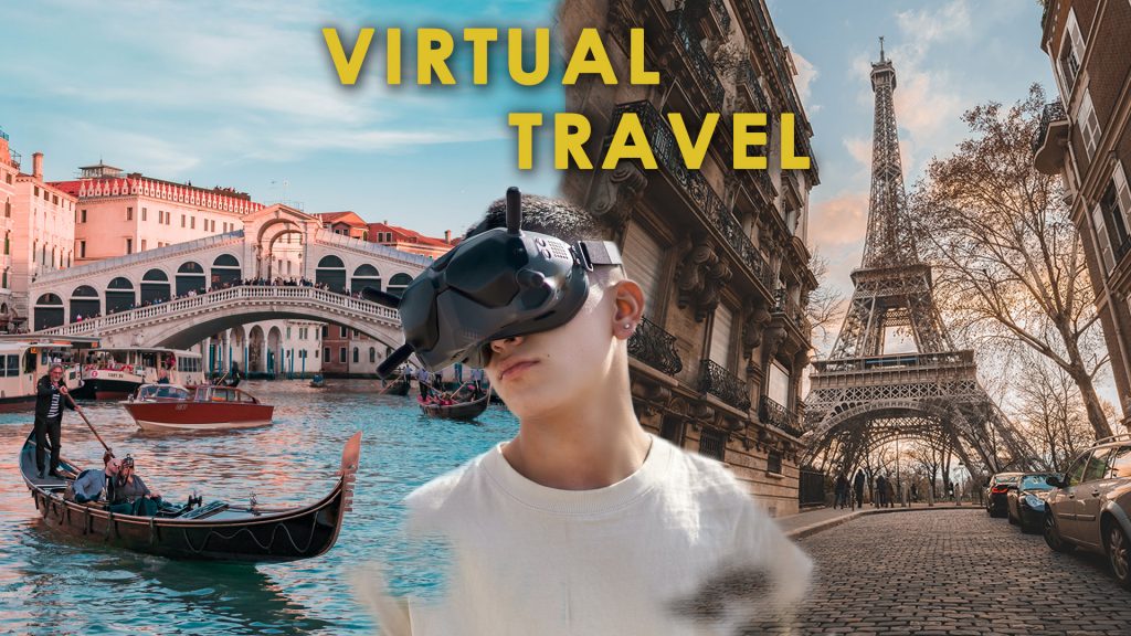 Boy wearing virtual reality headset with travel destination as background