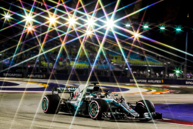 Mercedes race car on the track of Singapore grand prix