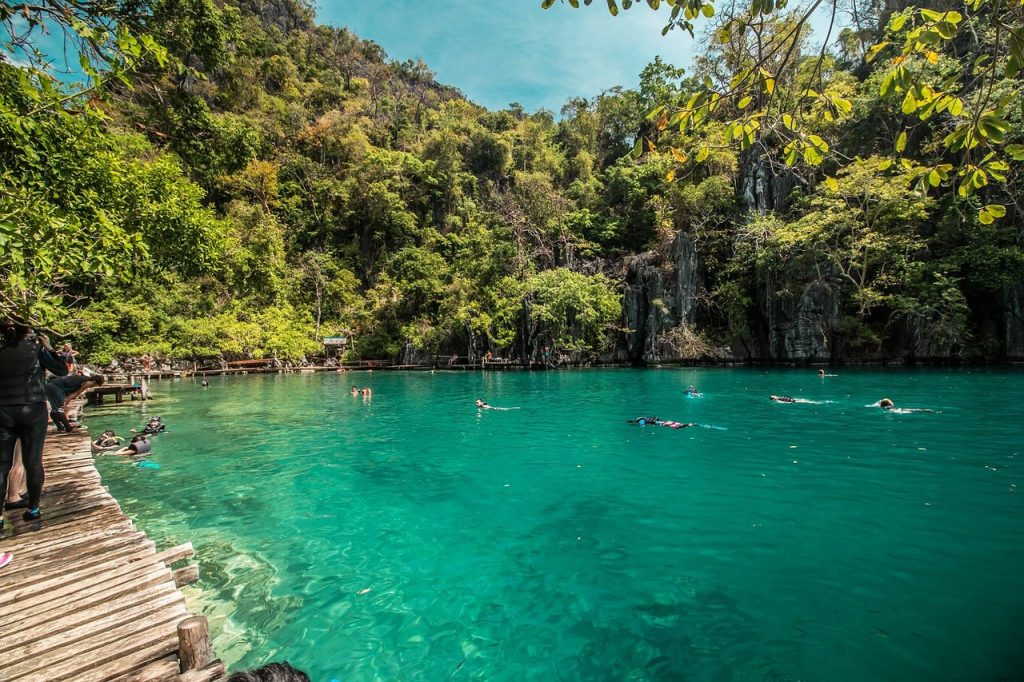 People snorkelling in a lake with clear blue water